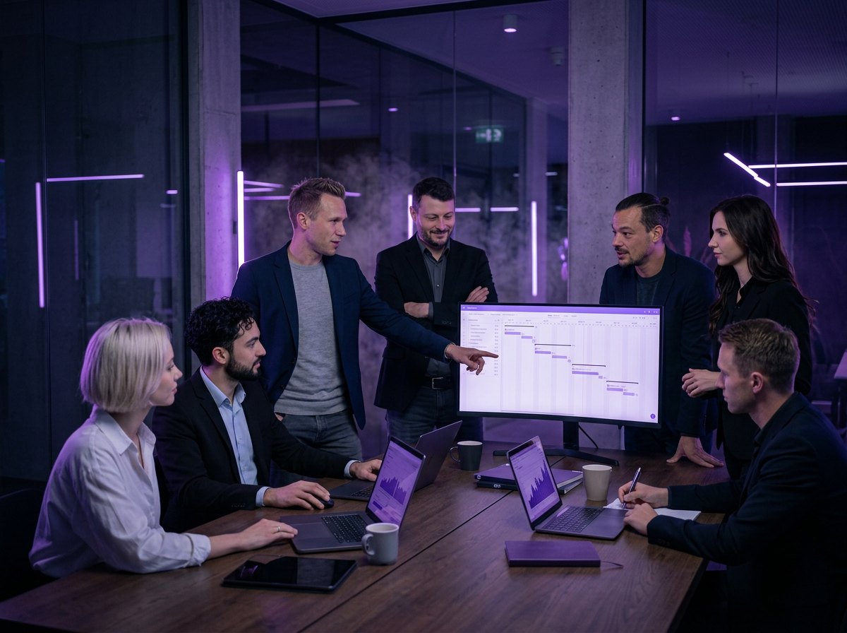 Das établir-Team bespricht ein Projekt am Bildschirm