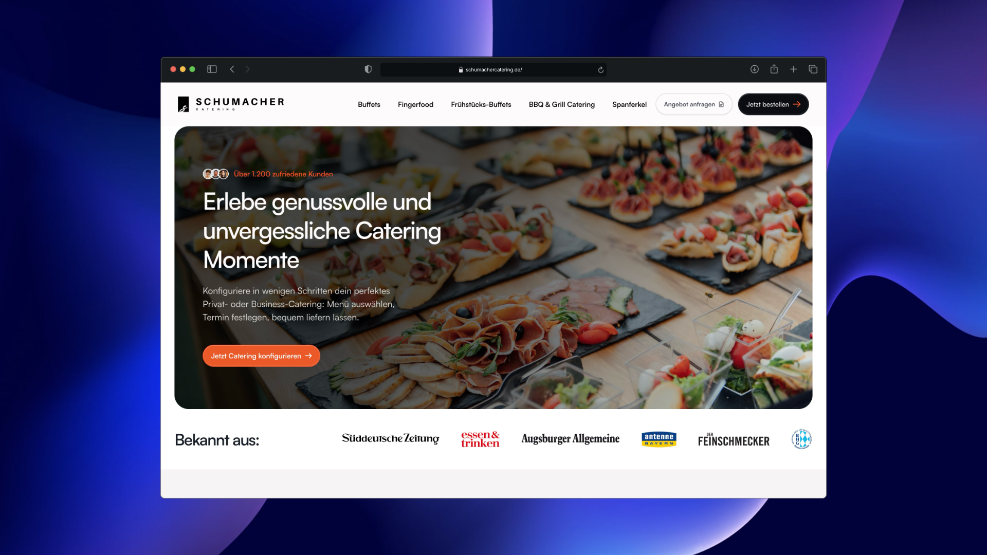 Screenshot der Website von Schumacher Catering mit Fokus auf Online-Bestellung von Catering in München.